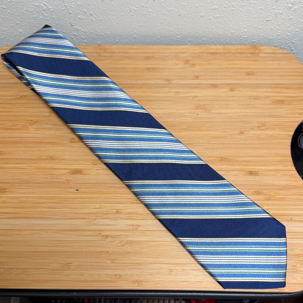 Neiman Marcus Silk Tie Mens Blue Green Striped Luxury Designer Necktie